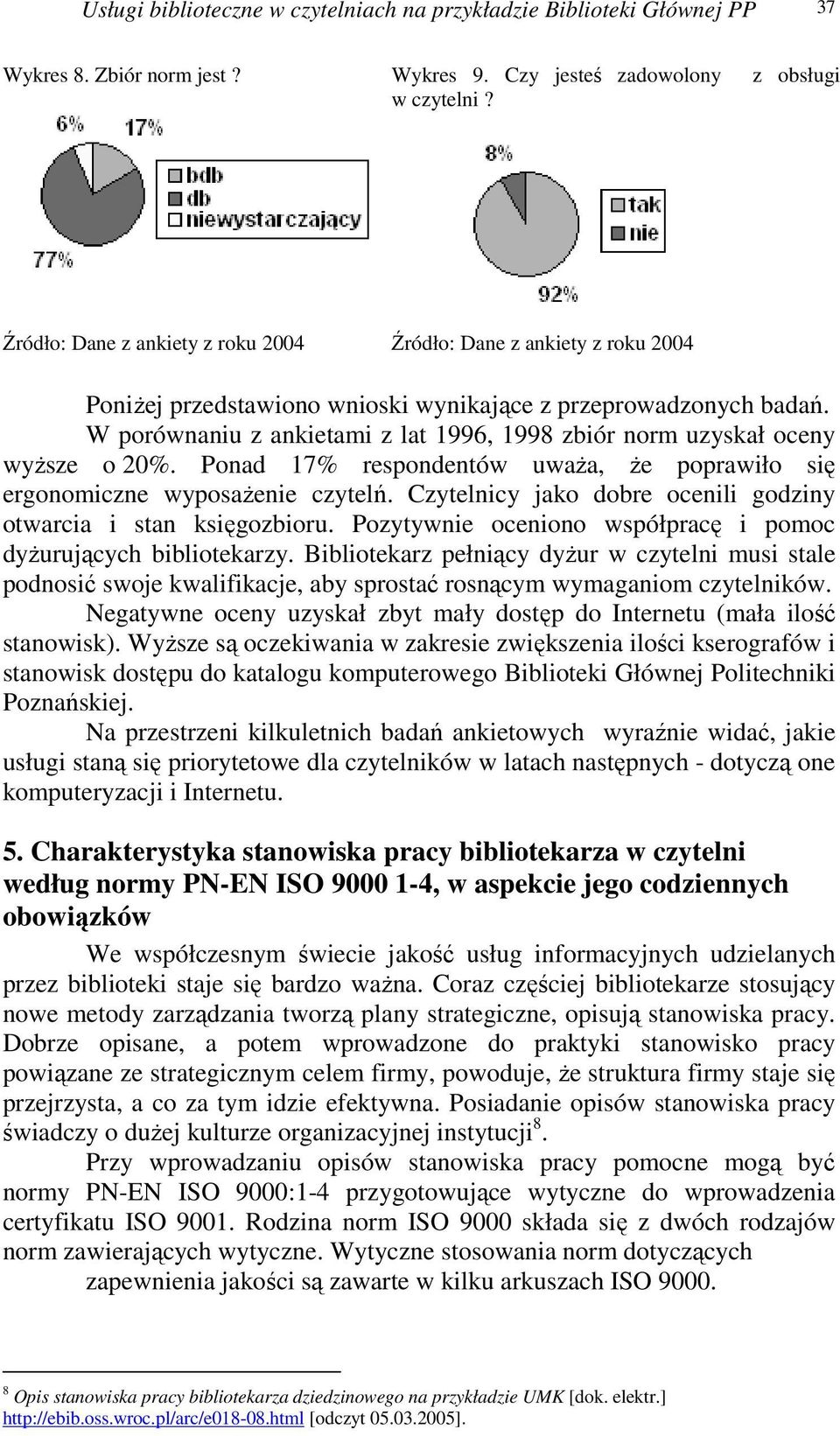 W porównaniu z ankietami z lat 1996, 1998 zbiór norm uzyskał oceny wyższe o 20%. Ponad 17% respondentów uważa, że poprawiło się ergonomiczne wyposażenie czytelń.