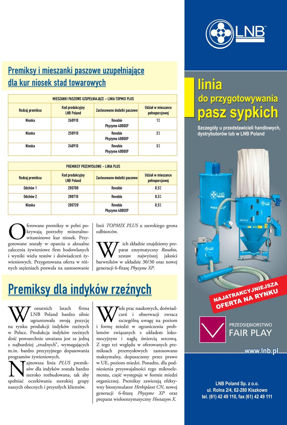 dodatki paszowe Udział w mieszance pełnoporcjowej Odchów 1 280700 Rovabio 0,5% Odchów 2 280710 Rovabio 0,5% Nioska 280720 Rovabio 0,5% Oferowane premiksy w pełni pokrywają potrzeby