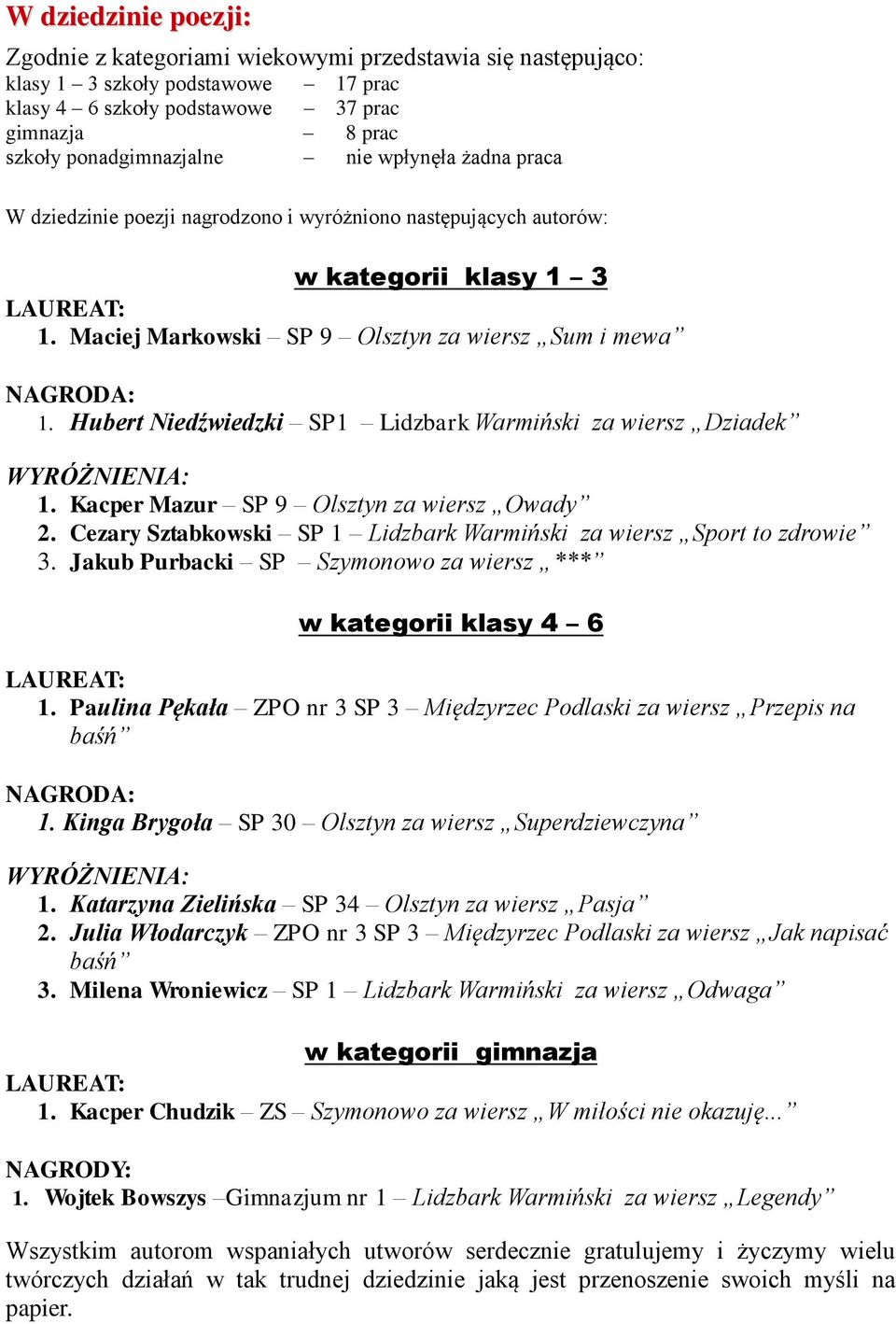 Hubert Niedźwiedzki SP1 Lidzbark Warmiński za wiersz Dziadek WYRÓŻNIENIA: 1. Kacper Mazur SP 9 Olsztyn za wiersz Owady 2. Cezary Sztabkowski SP 1 Lidzbark Warmiński za wiersz Sport to zdrowie 3.