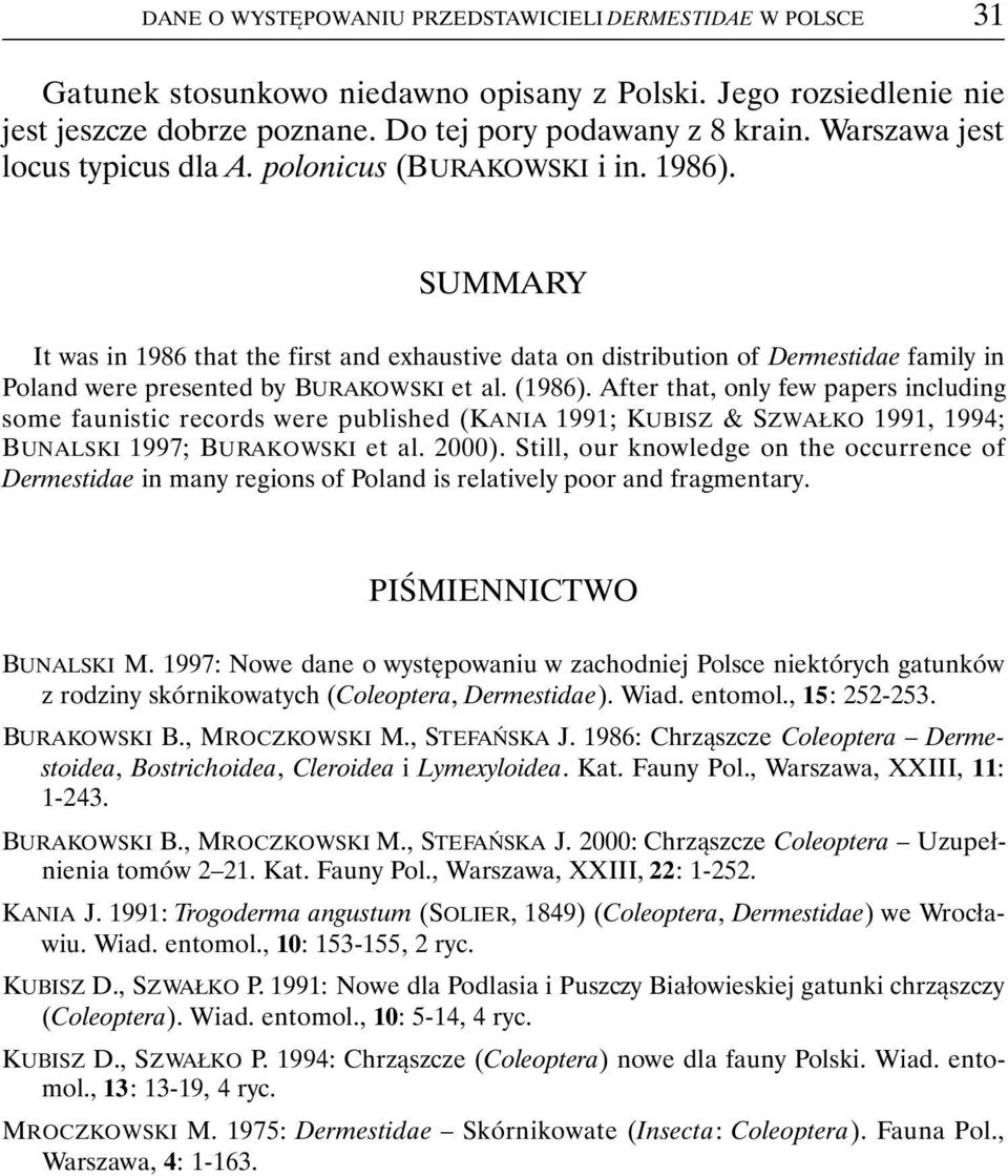 SUMMARY It was in 1986 that the first and exhaustive data on distribution of Dermestidae family in Poland were presented by BURAKOWSKI et al. (1986).