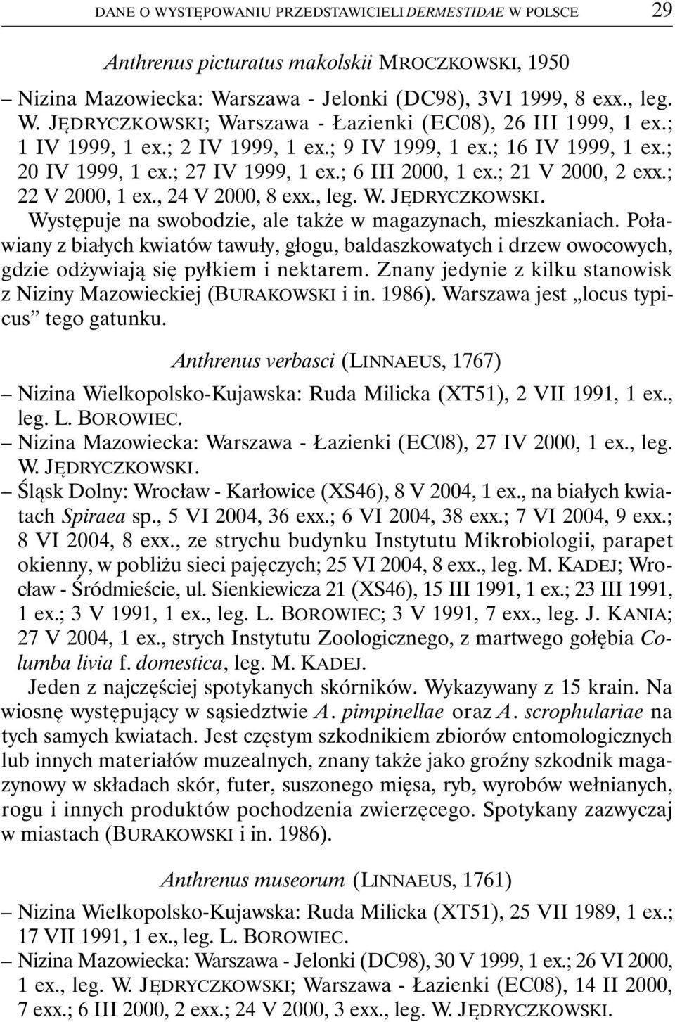 JĘDRYCZKOWSKI. Występuje na swobodzie, ale także w magazynach, mieszkaniach. Poławiany z białych kwiatów tawuły, głogu, baldaszkowatych i drzew owocowych, gdzie odżywiają się pyłkiem i nektarem.