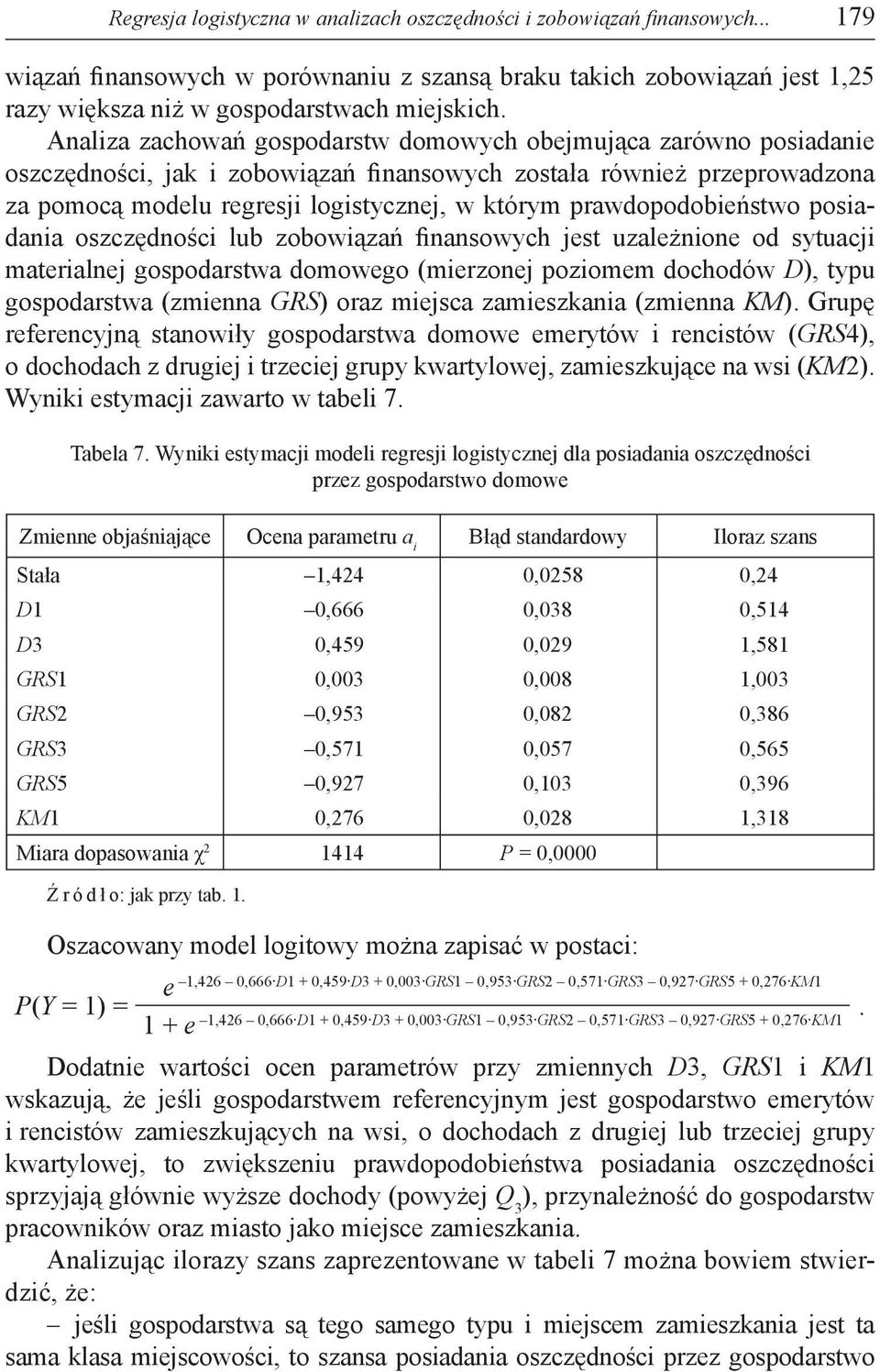 prawdopodobieństwo posiadania oszczędności lub zobowiązań finansowych jest uzależnione od sytuacji materialnej gospodarstwa domowego (mierzonej poziomem dochodów D), typu gospodarstwa (zmienna GRS)