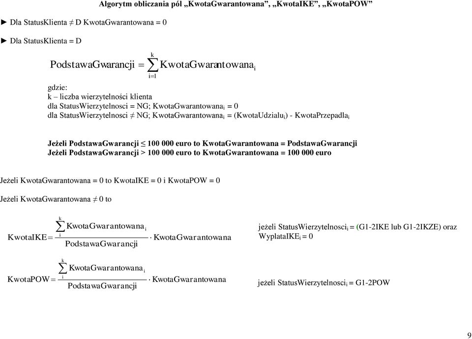 euro to KwotaGwarantowana = PodstawaGwarancji Jeżeli PodstawaGwarancji > 100 000 euro to KwotaGwarantowana = 100 000 euro Jeżeli KwotaGwarantowana = 0 to KwotaIKE = 0 i KwotaPOW = 0 Jeżeli