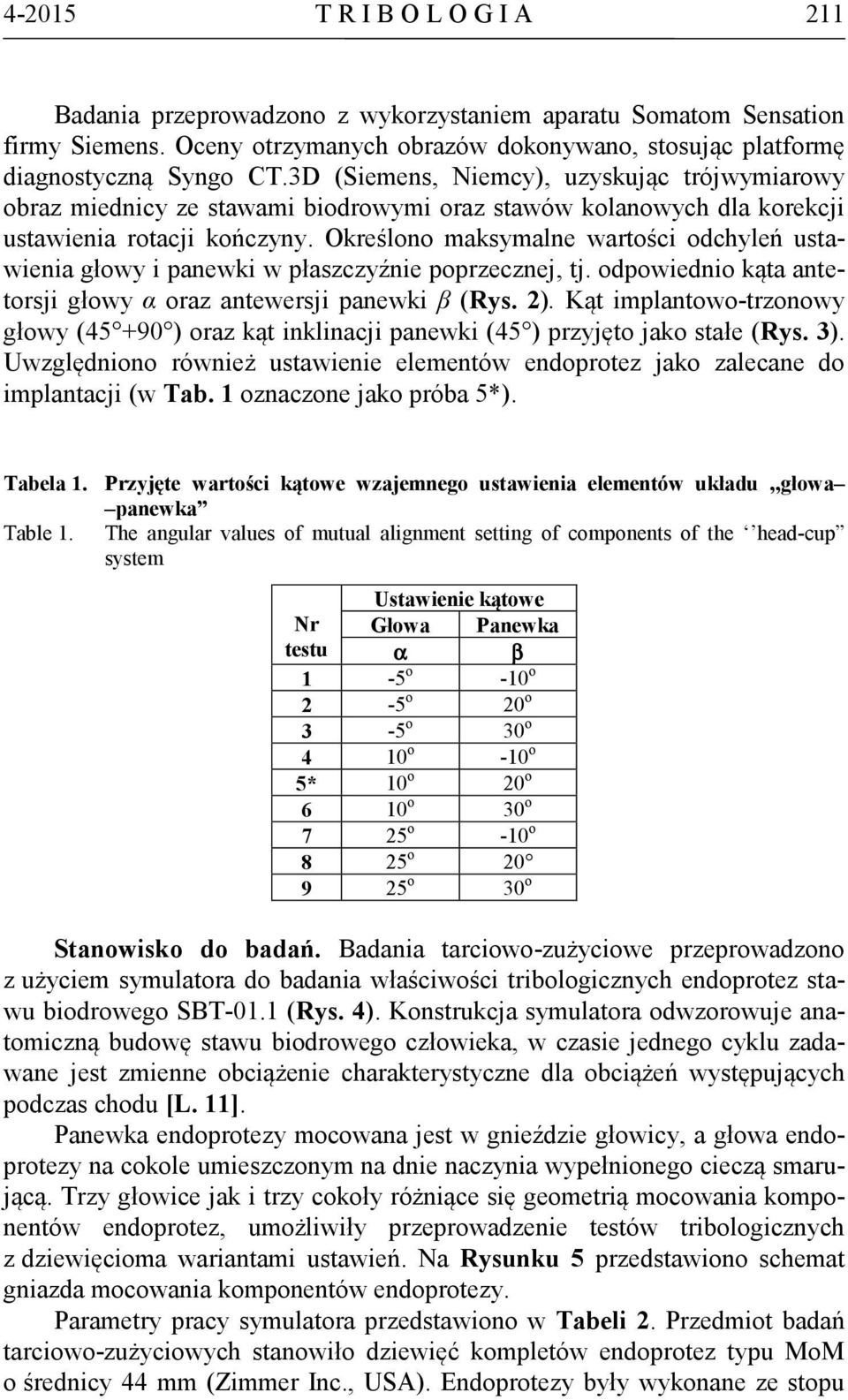 Określono maksymalne wartości odchyleń ustawienia głowy i panewki w płaszczyźnie poprzecznej, tj. odpowiednio kąta antetorsji głowy α oraz antewersji panewki β (Rys. 2).