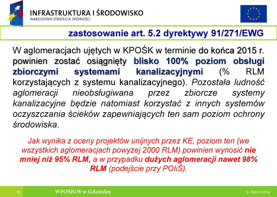 Pozostała ludność aglomeracji nieobsługiwana przez zbiorcze systemy kanalizacyjne będzie natomiast korzystać z innych systemów oczyszczania ścieków zapewniających ten sam