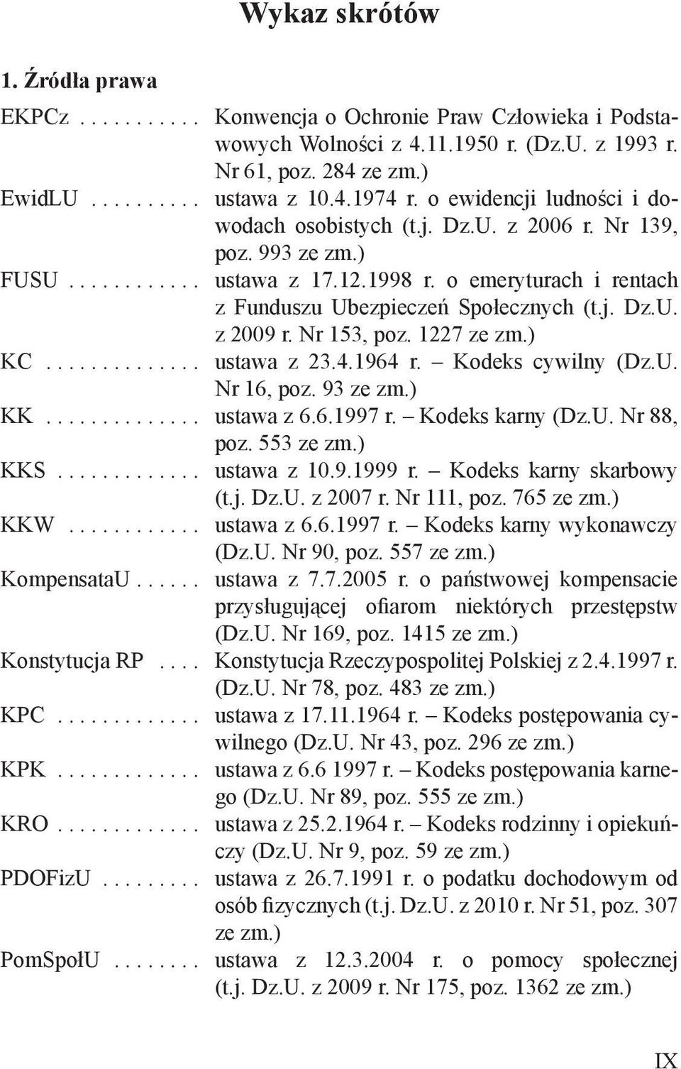 Nr 153, poz. 1227 ze zm.) KC.............. ustawa z 23.4.1964 r. Kodeks cywilny (Dz.U. Nr 16, poz. 93 ze zm.) KK.............. ustawa z 6.6.1997 r. Kodeks karny (Dz.U. Nr 88, poz. 553 ze zm.) KKS.