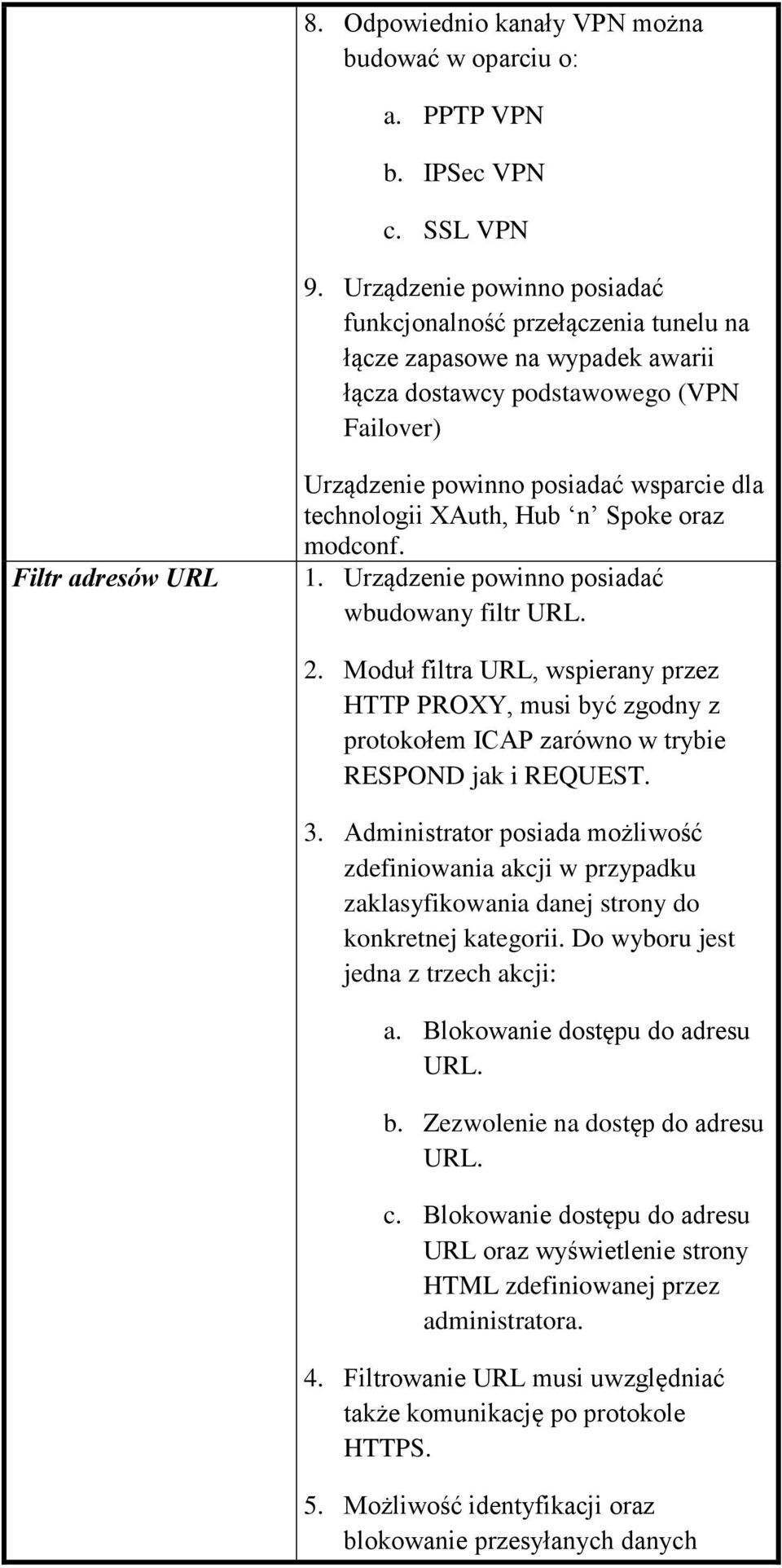 dla technologii XAuth, Hub n Spoke oraz modconf.. Urządzenie powinno posiadać wbudowany filtr URL. 2.