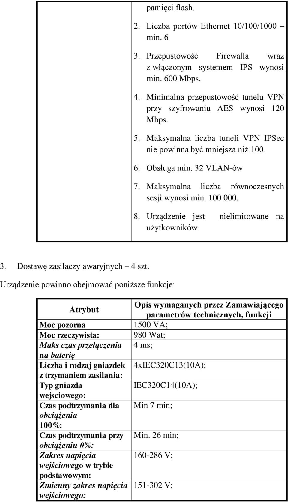 Maksymalna liczba równoczesnych sesji wynosi min. 00 000. 8. Urządzenie jest nielimitowane na użytkowników. 3. Dostawę zasilaczy awaryjnych 4 szt.