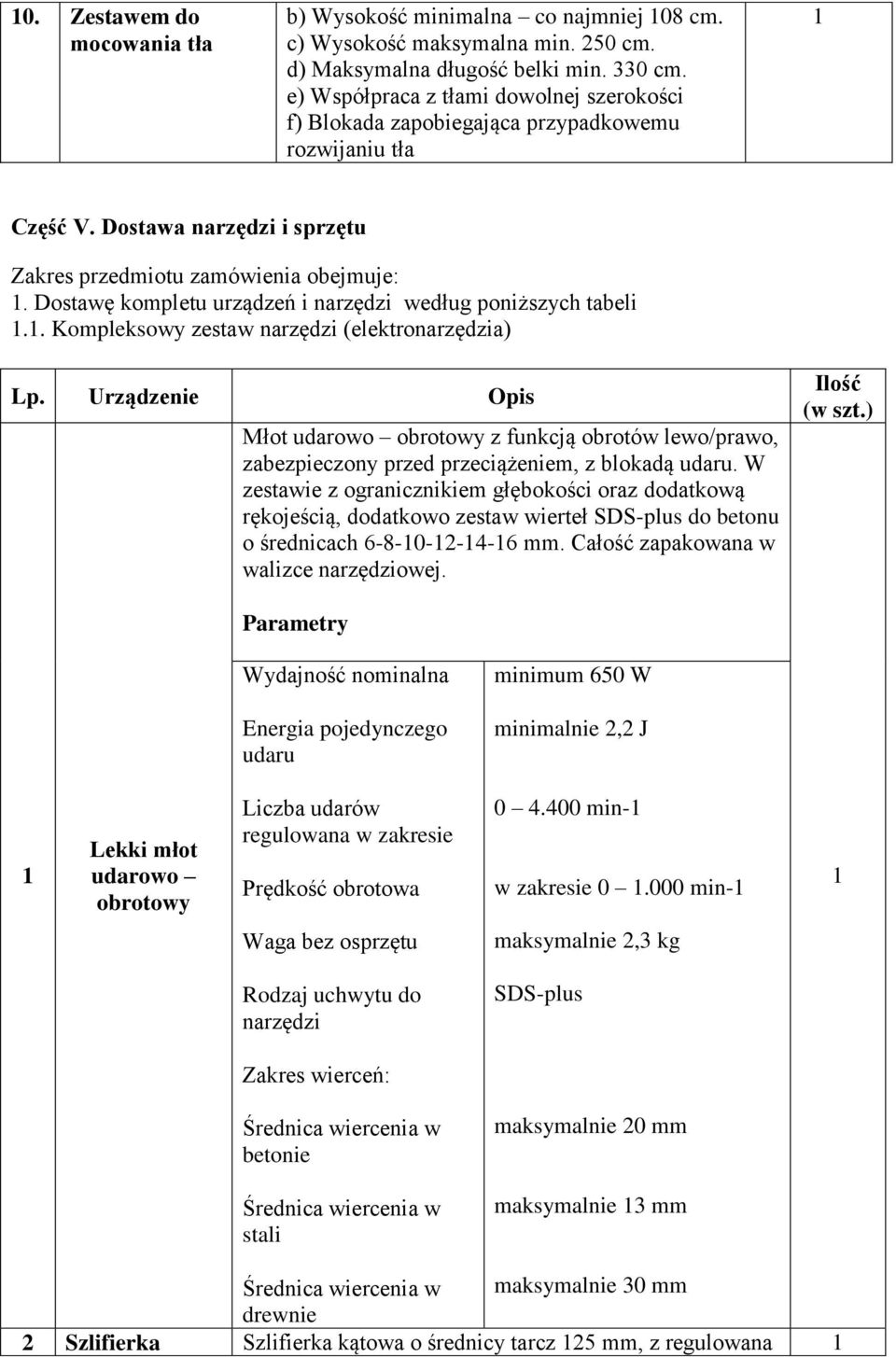 Dostawę kompletu urządzeń i narzędzi według poniższych tabeli.. Kompleksowy zestaw narzędzi (elektronarzędzia) Lp.