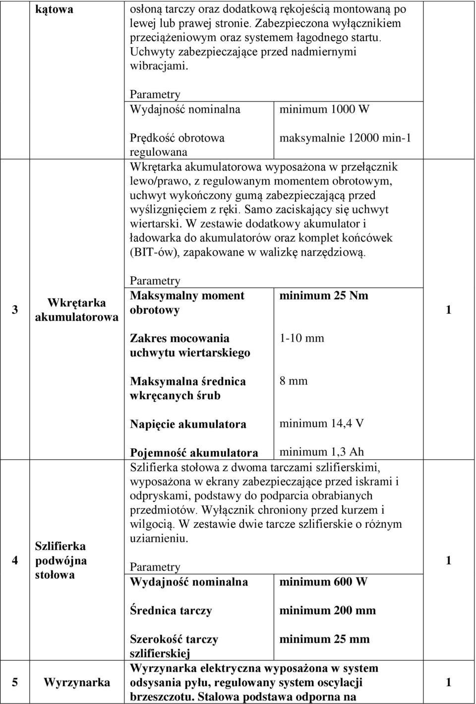 Parametry Wydajność nominalna minimum 000 W Prędkość obrotowa maksymalnie 2000 min- regulowana Wkrętarka akumulatorowa wyposażona w przełącznik lewo/prawo, z regulowanym momentem obrotowym, uchwyt