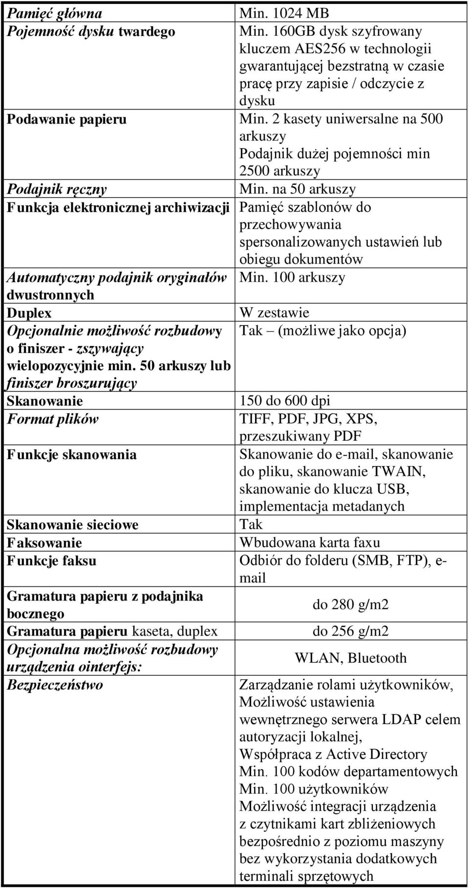 na 50 arkuszy Funkcja elektronicznej archiwizacji Pamięć szablonów do przechowywania spersonalizowanych ustawień lub obiegu dokumentów Automatyczny podajnik oryginałów dwustronnych Duplex Opcjonalnie