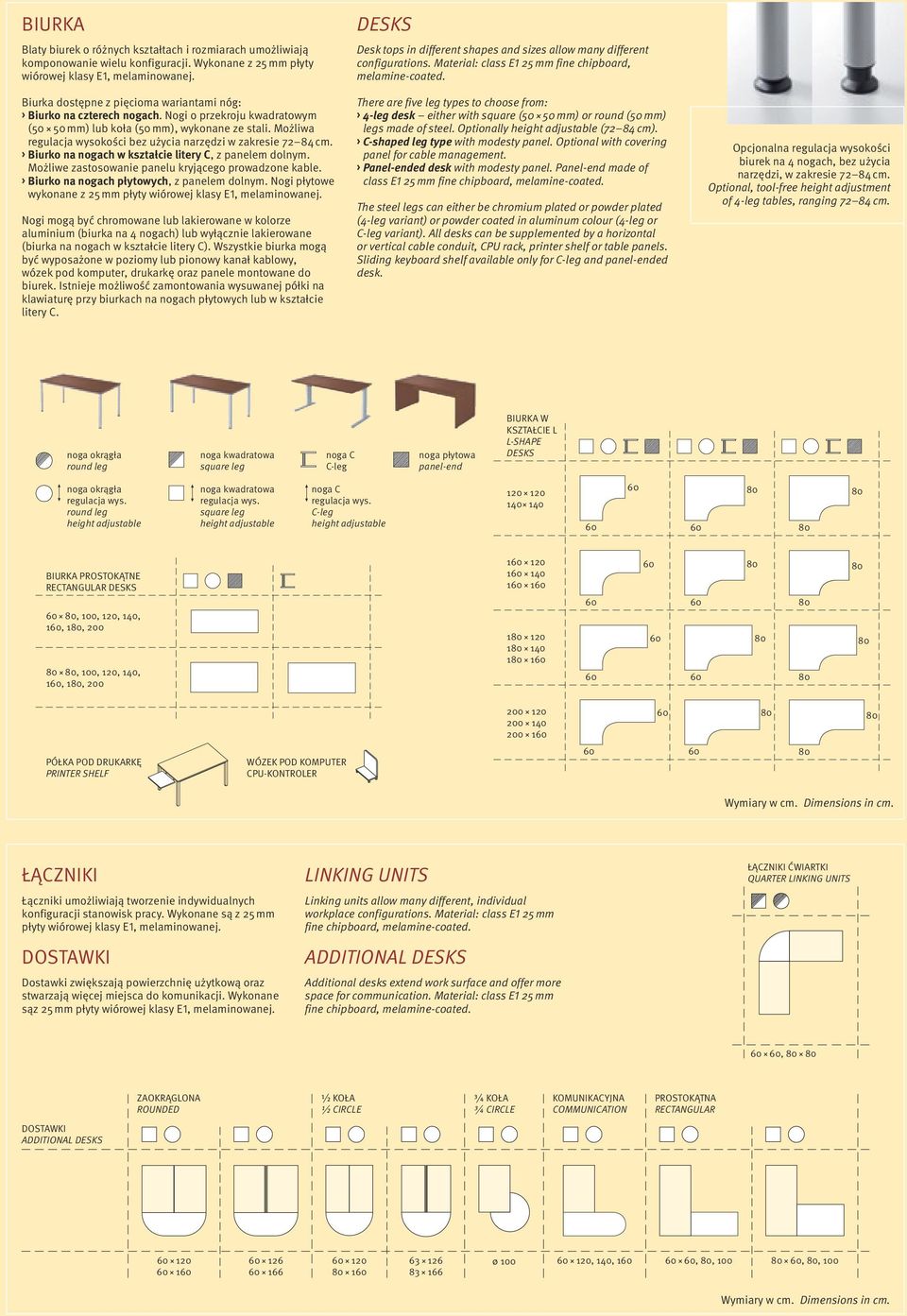 Możliwa regulacja wysokości bez użycia narzędzi w zakresie 72 84 cm. Biurko na nogach w kształcie litery C, z panelem dolnym. Możliwe zastosowanie panelu kryjącego prowadzone kable.