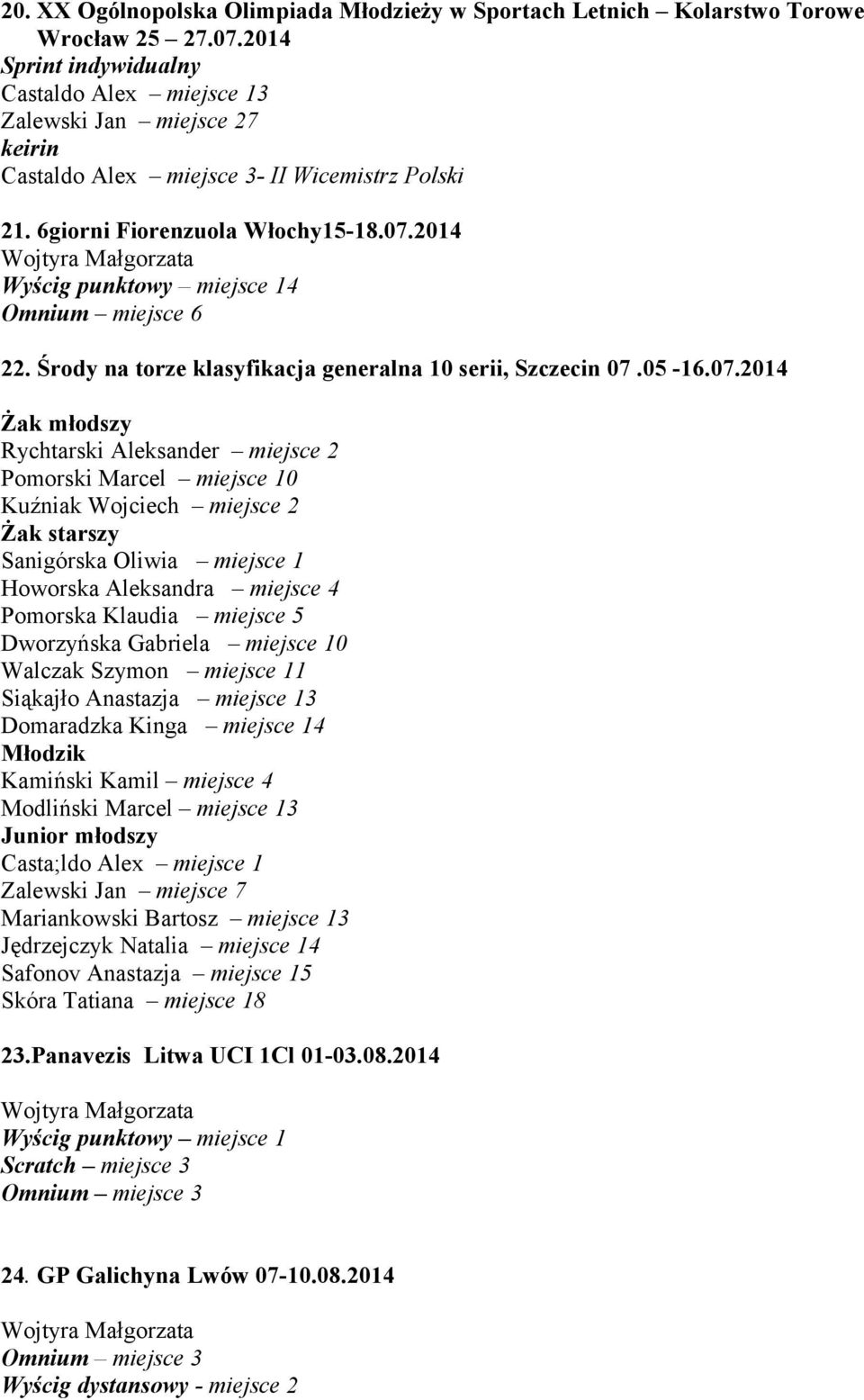 2014 Wyścig punktowy miejsce 14 Omnium miejsce 6 22. Środy na torze klasyfikacja generalna 10 serii, Szczecin 07.