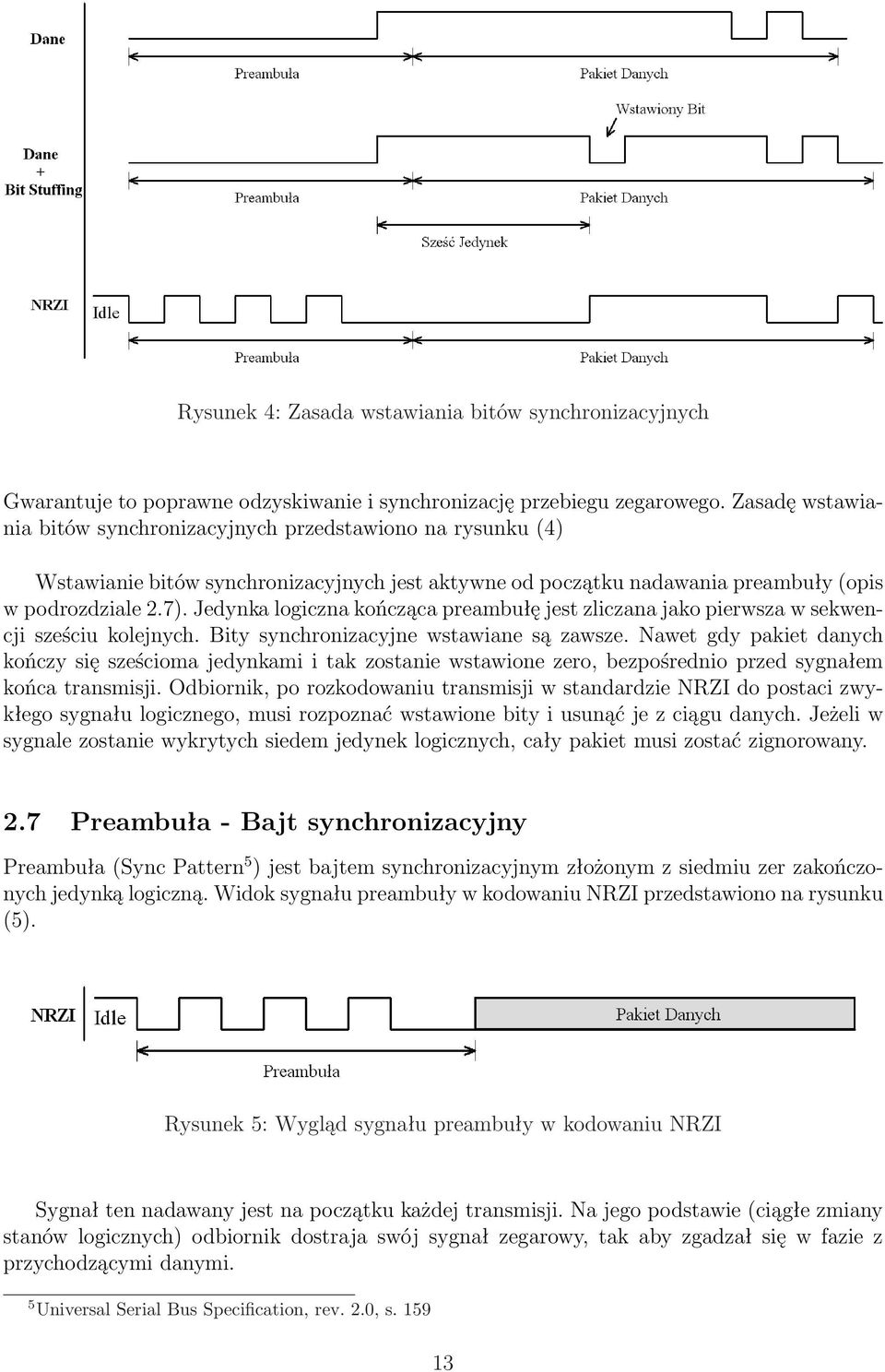 Jedynka logiczna kończąca preambułę jest zliczana jako pierwsza w sekwencji sześciu kolejnych. Bity synchronizacyjne wstawiane są zawsze.