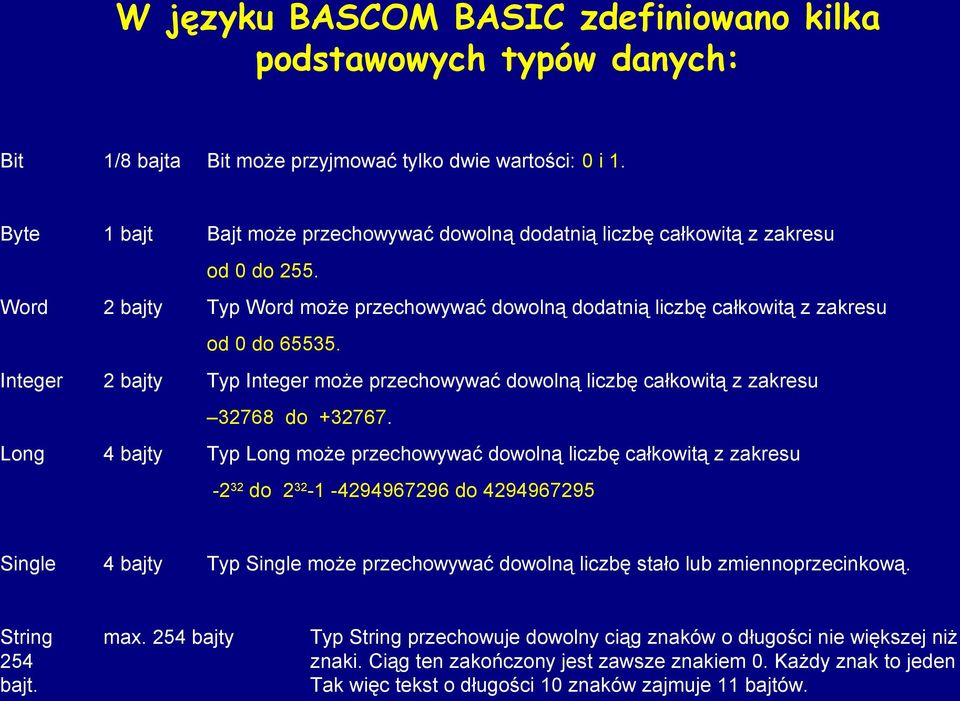 Integer 2 bajty Typ Integer może przechowywać dowolną liczbę całkowitą z zakresu 32768 do +32767.