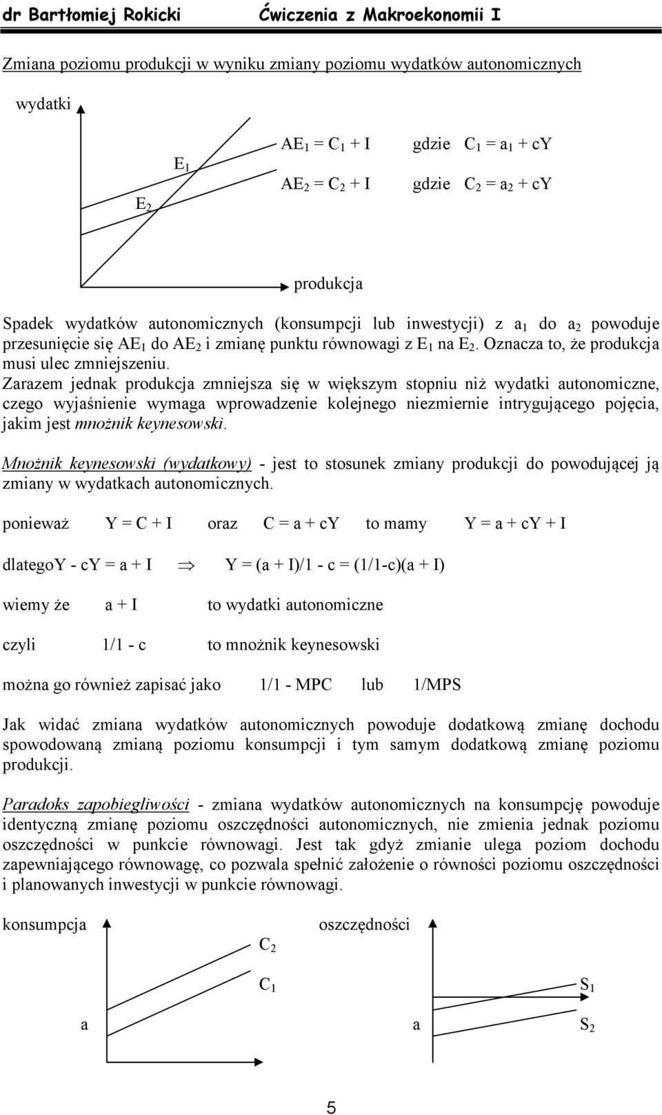 Zarazem jednak produkcja zmniejsza się w większym stopniu niż wydatki autonomiczne, czego wyjaśnienie wymaga wprowadzenie kolejnego niezmiernie intrygującego pojęcia, jakim jest mnożnik keynesowski.