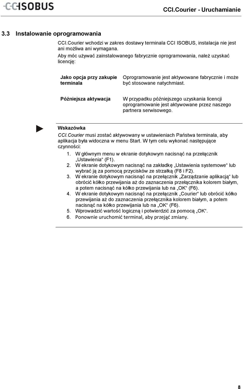 Późniejsza aktywacja W przypadku późniejszego uzyskania licencji oprogramowanie jest aktywowane przez naszego partnera serwisowego. Wskazówka CCI.