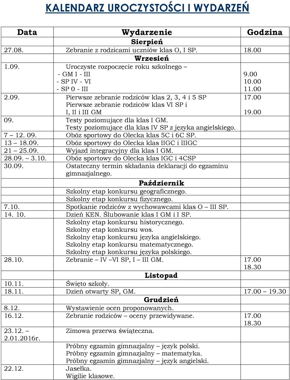 00 17.00 19.00 09. Testy poziomujące dla klas I GM. Testy poziomujące dla klas IV SP z języka angielskiego. 7 12. 09. Obóz sportowy do Olecka klas 5C i 6C SP. 13 18.09. Obóz sportowy do Olecka klas IIGC i IIIGC 21 25.