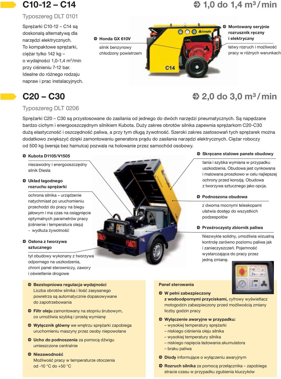 C20 C30 Typoszereg DLT 0206 Honda GX 610V silnik benzynowy chłodzony powietrzem Montowany seryjnie rozrusznik ręczny i elektryczny łatwy rozruch i możliwość pracy w różnych warunkach 2,0 do 3,0 m³ /