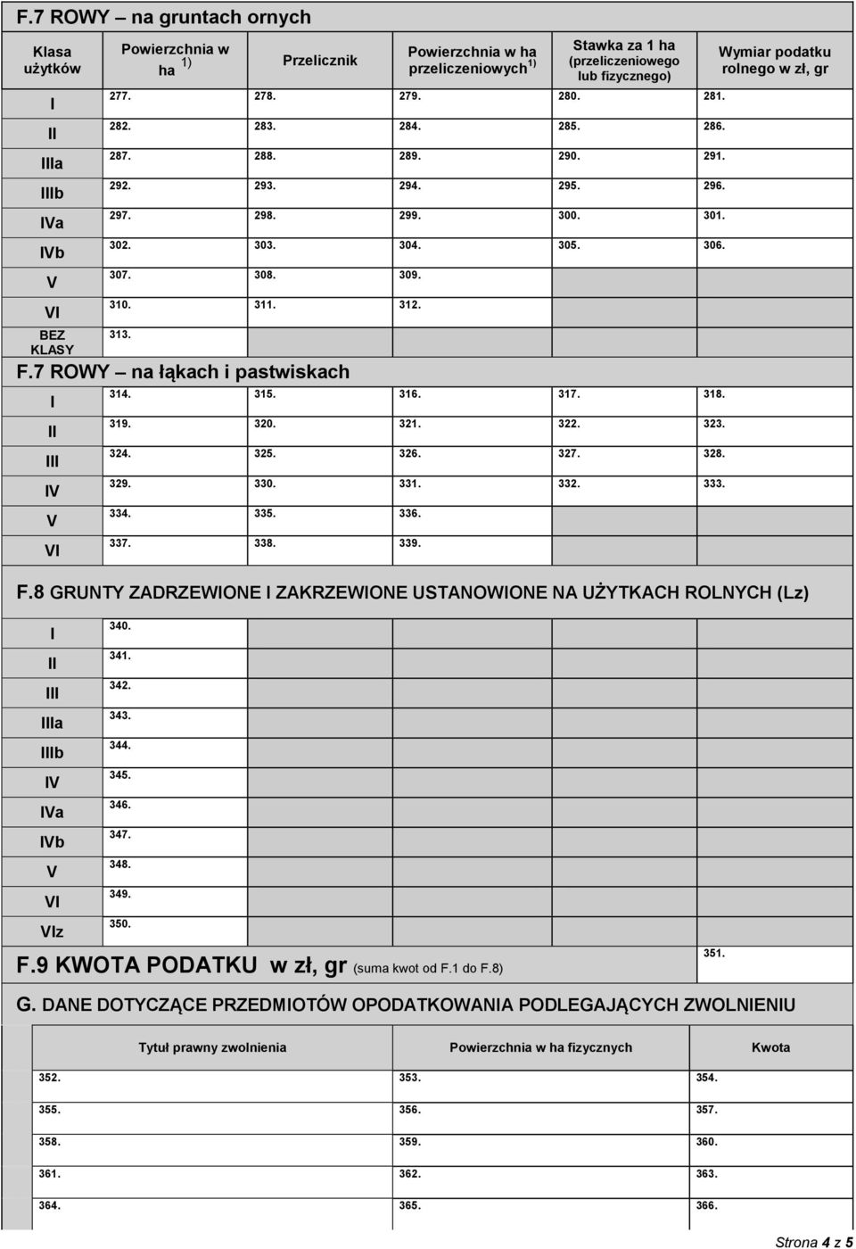 332. 333. 334. 335. 336. 337. 338. 339. rolnego w, gr F.8 GRUNTY ZADRZEWONE ZAKRZEWONE USTANOWONE NA UŻYTKACH ROLNYCH (Lz) a b a b z 340. 341. 342. 343. 344. 345. 346. 347. 348. 349. 350. F.9 KWOTA PODATKU w, gr (suma kwot od F.