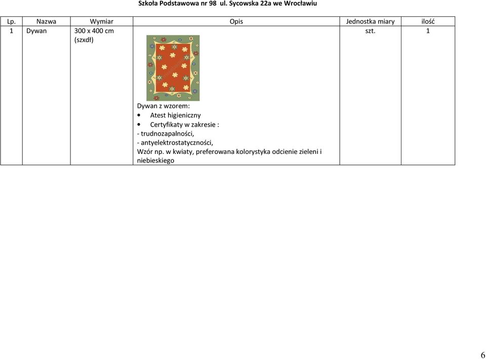 Nazwa Wymiar Opis Jednostka ilość 1 Dywan 300 x