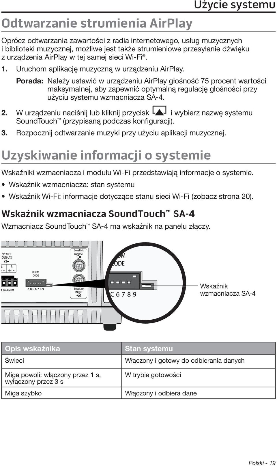 Porada: Należy ustawić w urządzeniu AirPlay głośność 75 procent wartości maksymalnej, aby zapewnić optymalną regulację głośności przy użyciu systemu wzmacniacza SA-4. 2.