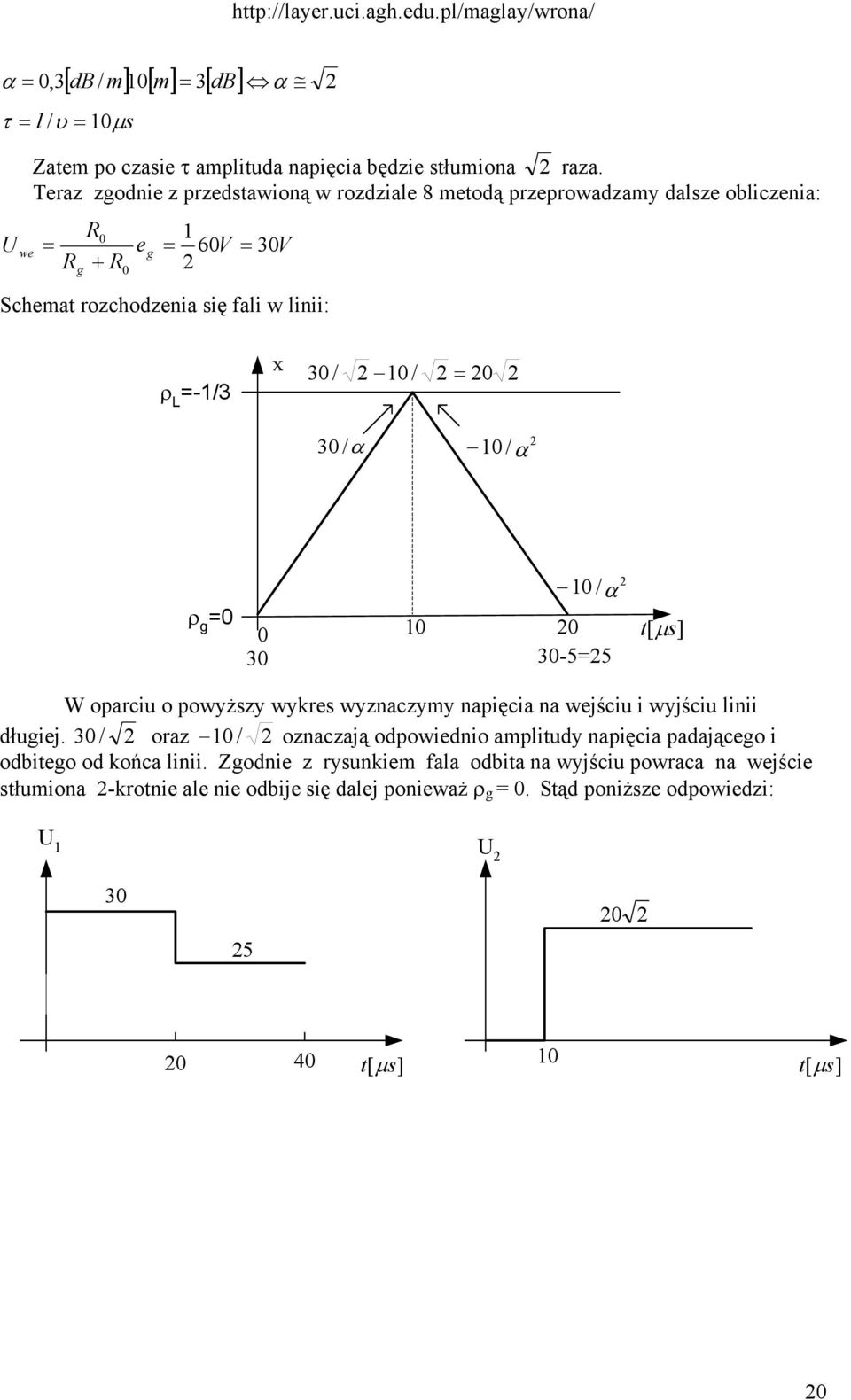 3 /α / α ρ /α 3 3-55 [ µ s] W oparciu o powyższy wykres wyznaczymy napięcia na wejściu i wyjściu linii dłuiej.