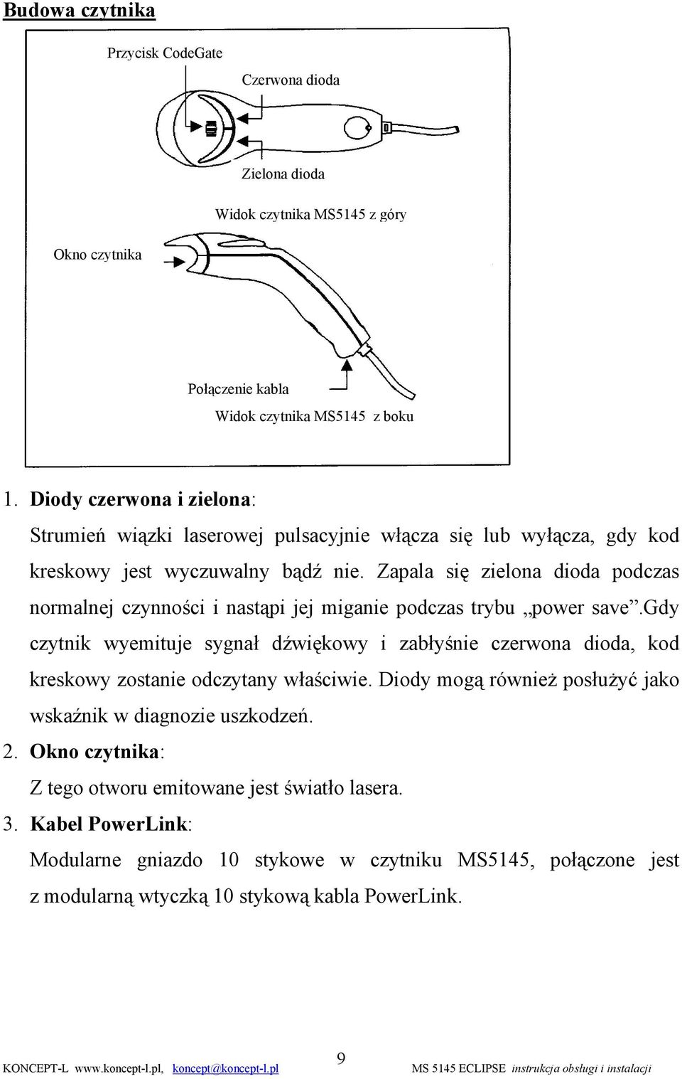 Zapala się zielona dioda podczas normalnej czynności i nastąpi jej miganie podczas trybu power save.