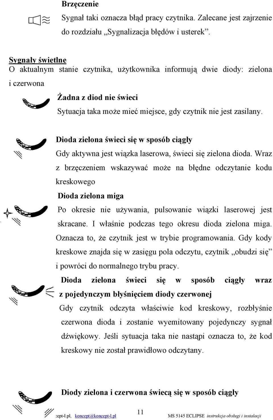 Dioda zielona świeci się w sposób ciągły Gdy aktywna jest wiązka laserowa, świeci się zielona dioda.