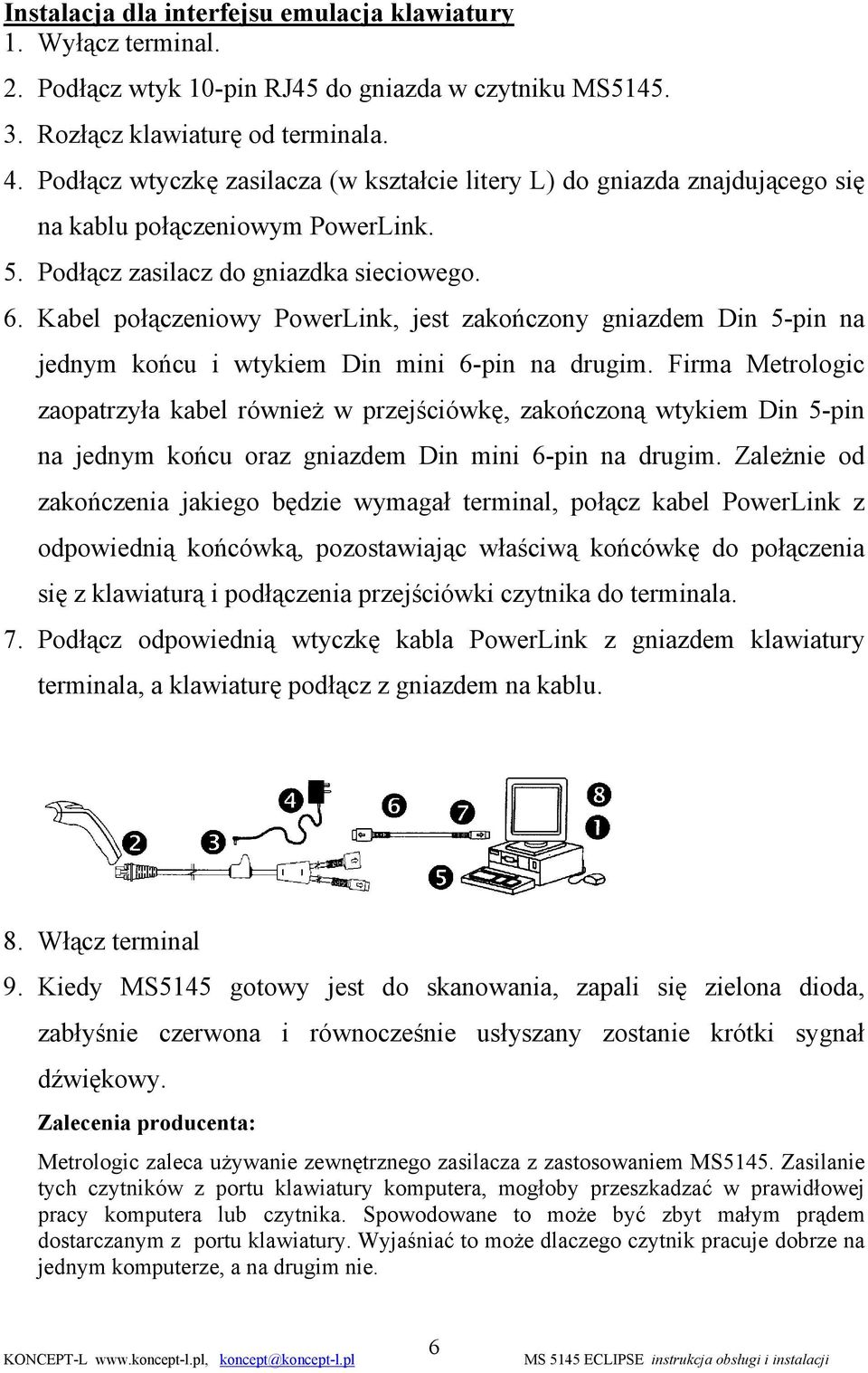 Kabel połączeniowy PowerLink, jest zakończony gniazdem Din 5-pin na jednym końcu i wtykiem Din mini 6-pin na drugim.