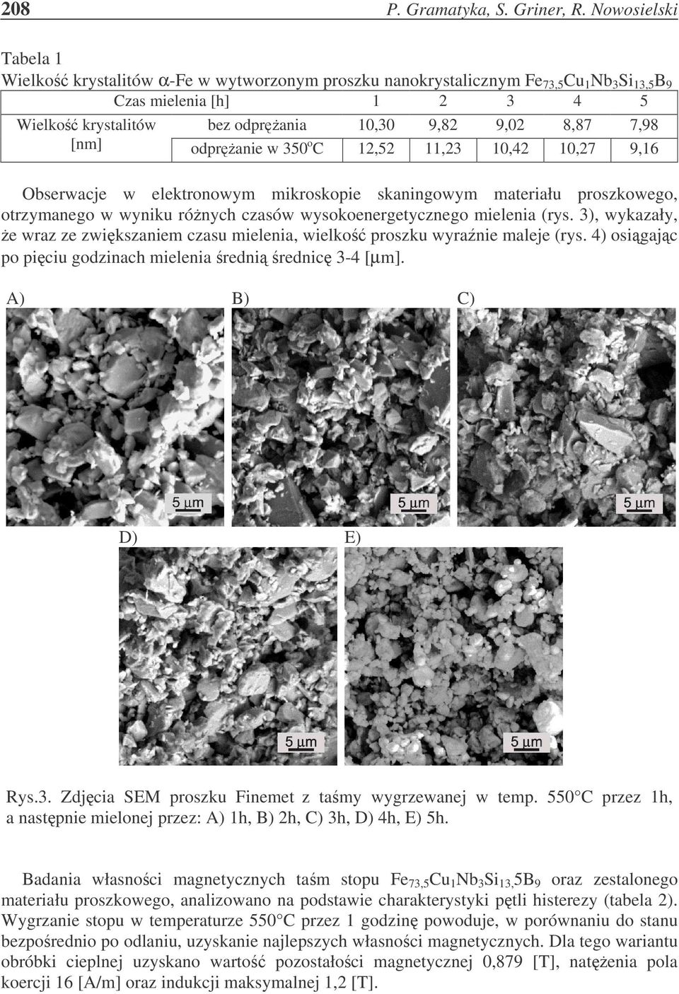 7,98 [nm] odpranie w 350 o C 12,52 11,23 10,42 10,27 9,16 Obserwacje w elektronowym mikroskopie skaningowym materiału proszkowego, otrzymanego w wyniku rónych czasów wysokoenergetycznego mielenia