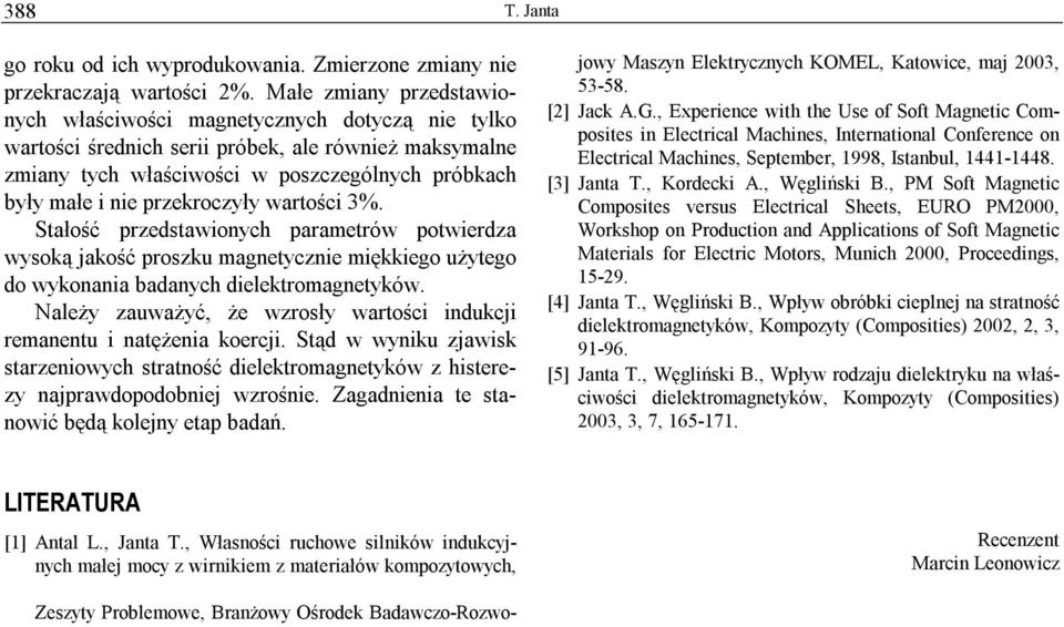 przekroczyły wartości 3%. Stałość przedstawionych parametrów potwierdza wysoką jakość proszku magnetycznie miękkiego użytego do wykonania badanych dielektromagnetyków.