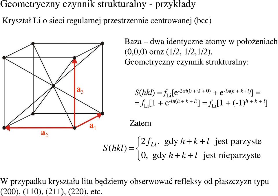 Geometryczny czynnik strukturalny: a 3 S(hkl) = f Li [e -2πi(0 + 0 + 0) + e -iπ(h + k +l) ] = = f Li [1 + e -iπ(h + k + l) ] = f Li