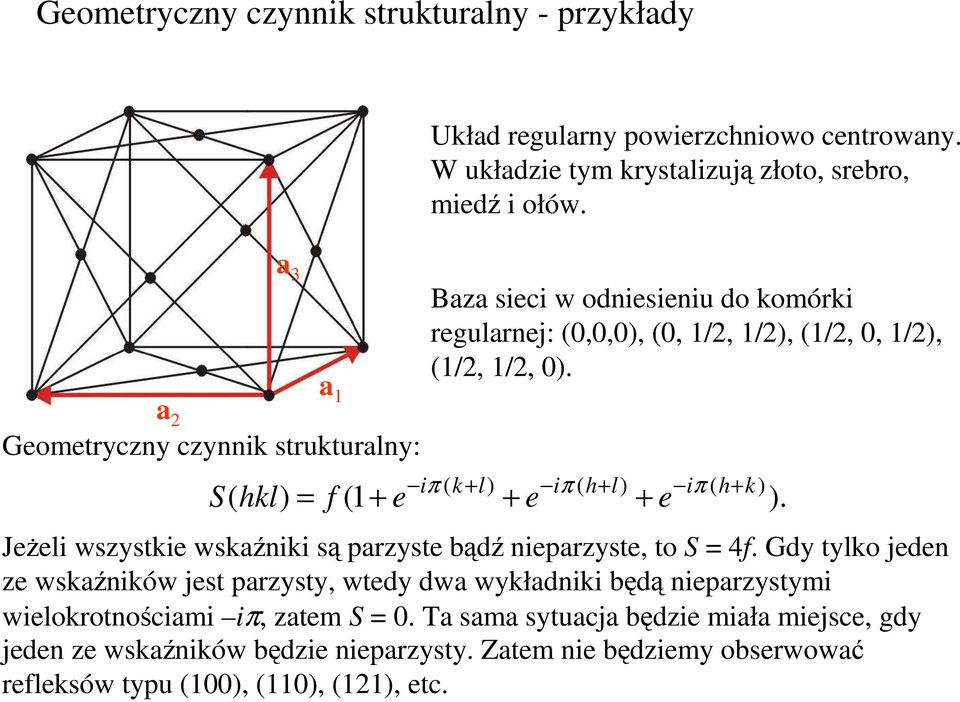 iπ ( k+ l) iπ ( h+ l) iπ ( h+ k) JeŜeli wszystkie wskaźniki są parzyste bądź nieparzyste, to S = 4f.