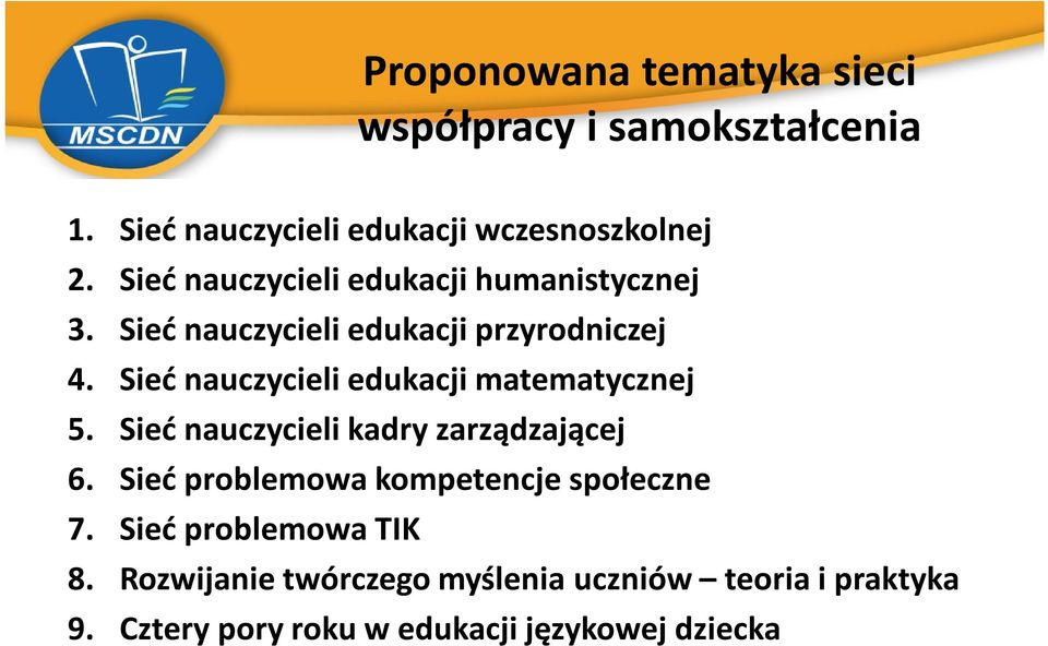 Sieć nauczycieli edukacji matematycznej 5. Sieć nauczycieli kadry zarządzającej 6.