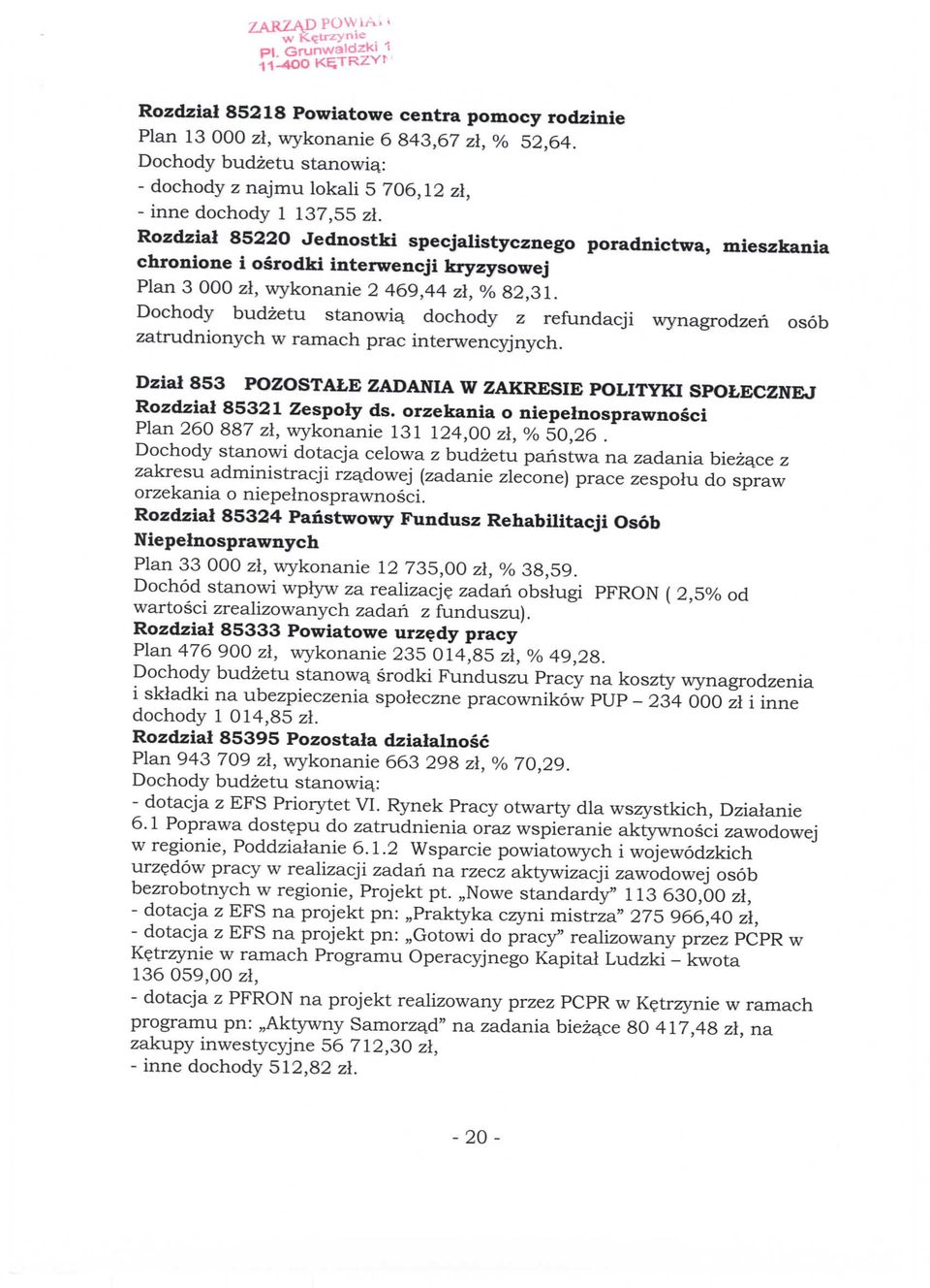 Dochody budzetu stanowi^ dochody z refundacji wynagrodzeri osob zatrudnionych w ramach prac interwencyjnych. Dzial 853 POZOSTALE ZADANIA W ZAKRESIE POLITYKI SPOLECZNEJ Rozdzial 85321 Zespoly ds.