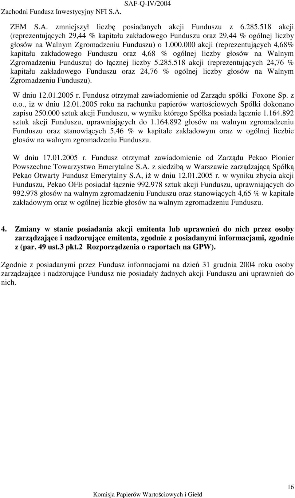 518 akcji (reprezentujcych 24,76 % kapitału zakładowego Funduszu oraz 24,76 % ogólnej liczby głosów na Walnym Zgromadzeniu Funduszu). W dniu 12.01.2005 r.