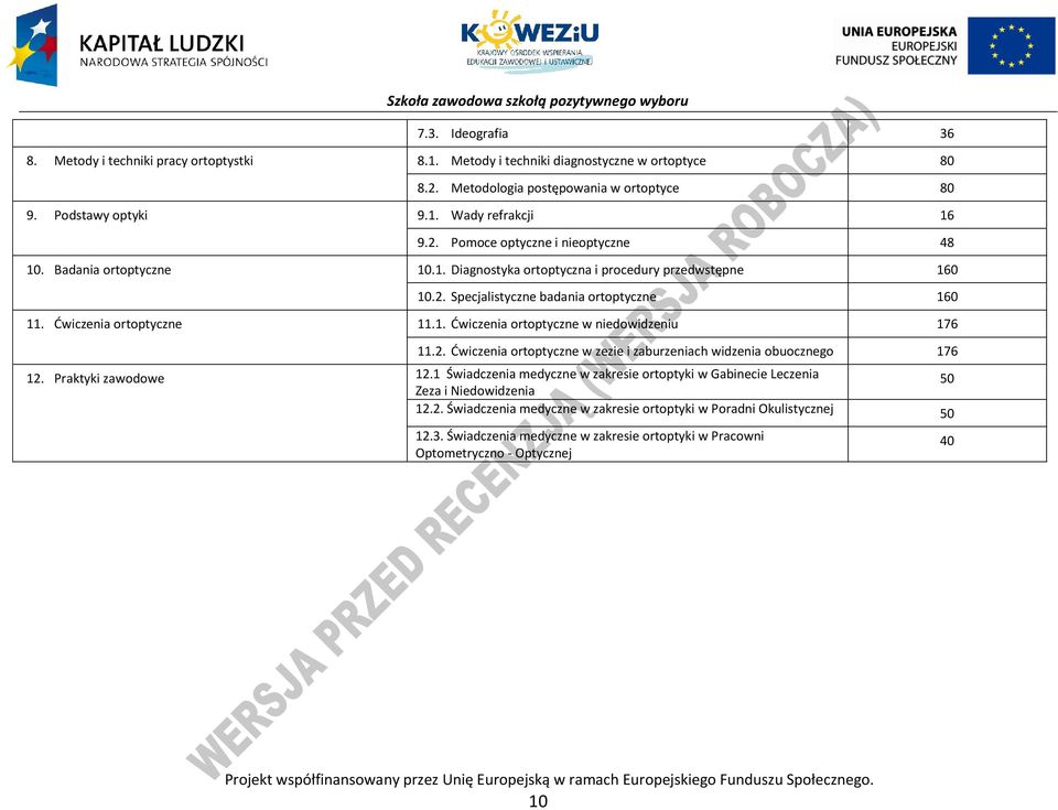 2. Ćwiczenia ortoptyczne w zezie i zaburzeniach widzenia obuocznego 176 12. raktyki zawodowe 12.1 Świadczenia medyczne w zakresie ortoptyki w Gabinecie Leczenia Zeza i Niedowidzenia 50 12.2. Świadczenia medyczne w zakresie ortoptyki w oradni Okulistycznej 50 12.