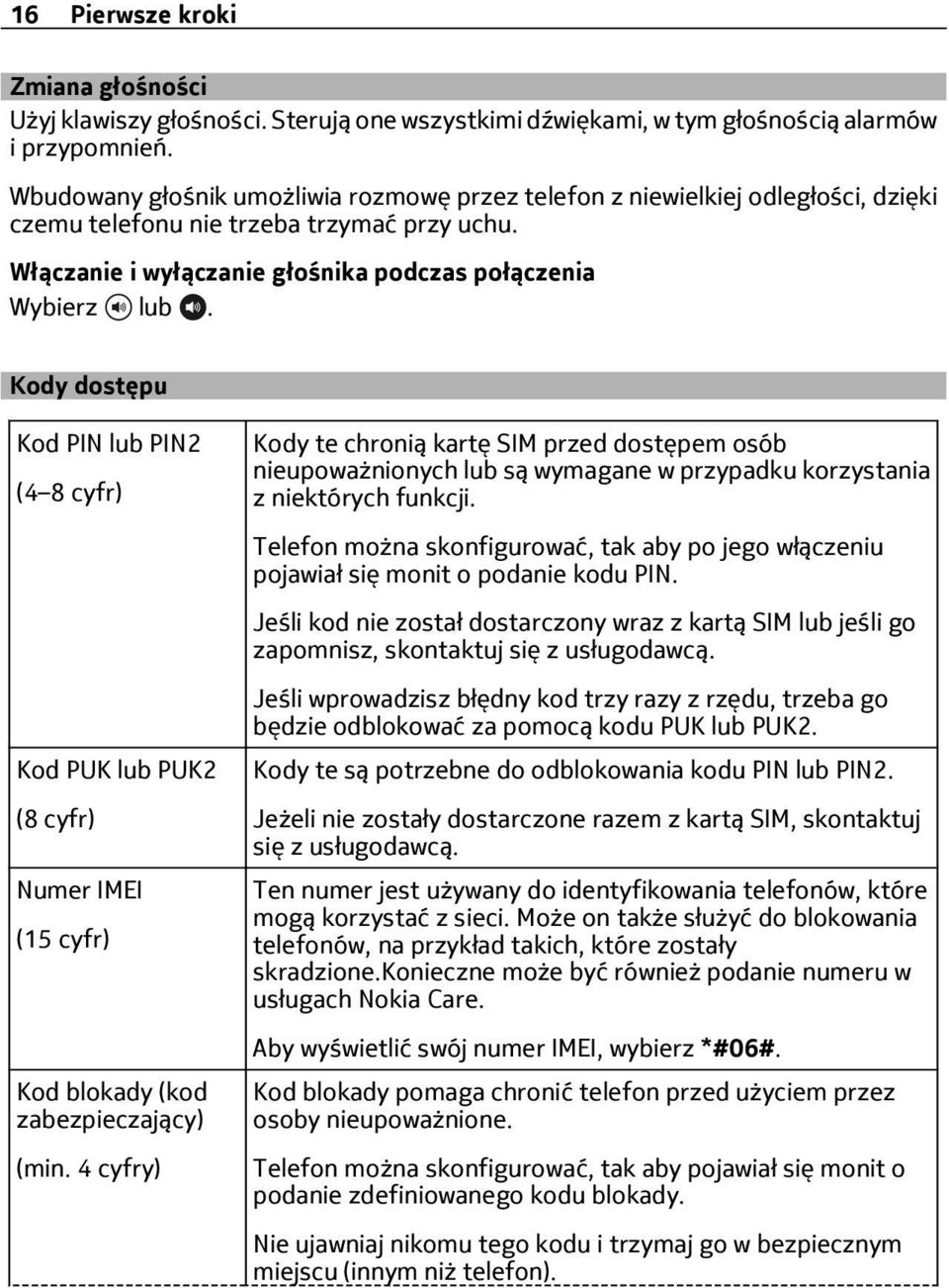 Kody dostępu Kod PIN lub PIN2 (4 8 cyfr) Kod PUK lub PUK2 (8 cyfr) Numer IMEI (15 cyfr) Kod blokady (kod zabezpieczający) (min.