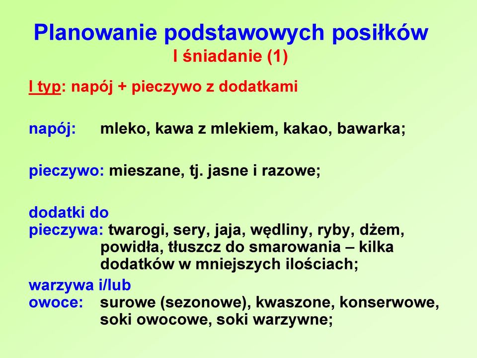 jasne i razowe; dodatki do pieczywa: twarogi, sery, jaja, wędliny, ryby, dże, powidła, tłuszcz