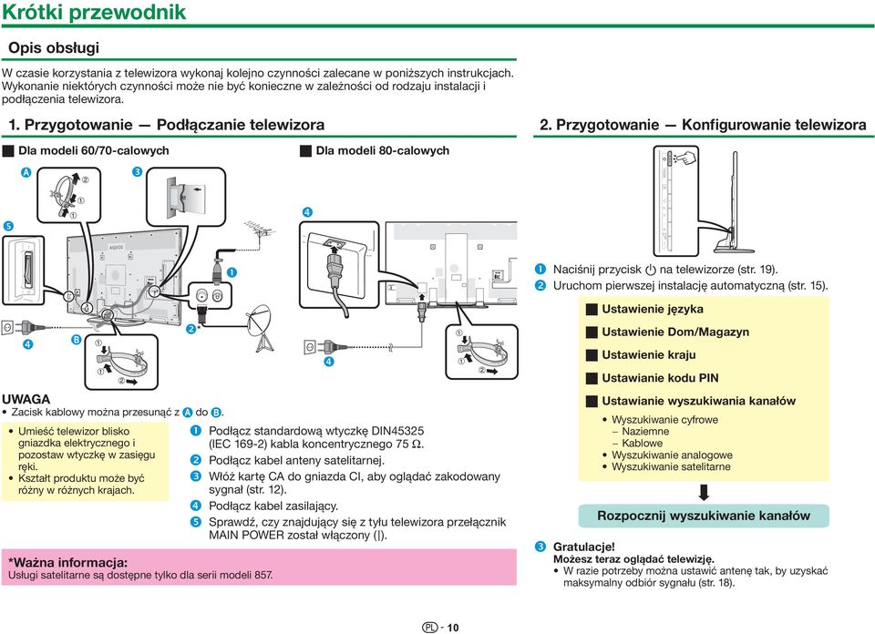 Przygotowanie Konfigurowanie telewizora w Dla modeli 60/70-calowych w Dla modeli 80-calowych Zacisk kablowy można przesunąć z do.