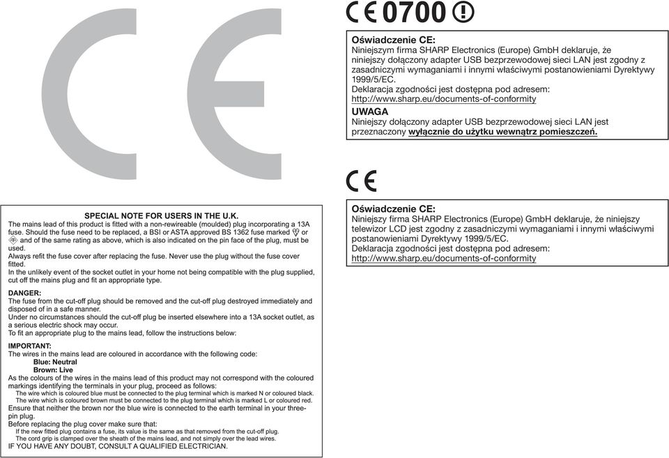 eu/documents-of-conformity Niniejszy dołączony adapter USB bezprzewodowej sieci LAN jest przeznaczony wyłącznie do użytku wewnątrz pomieszczeń.