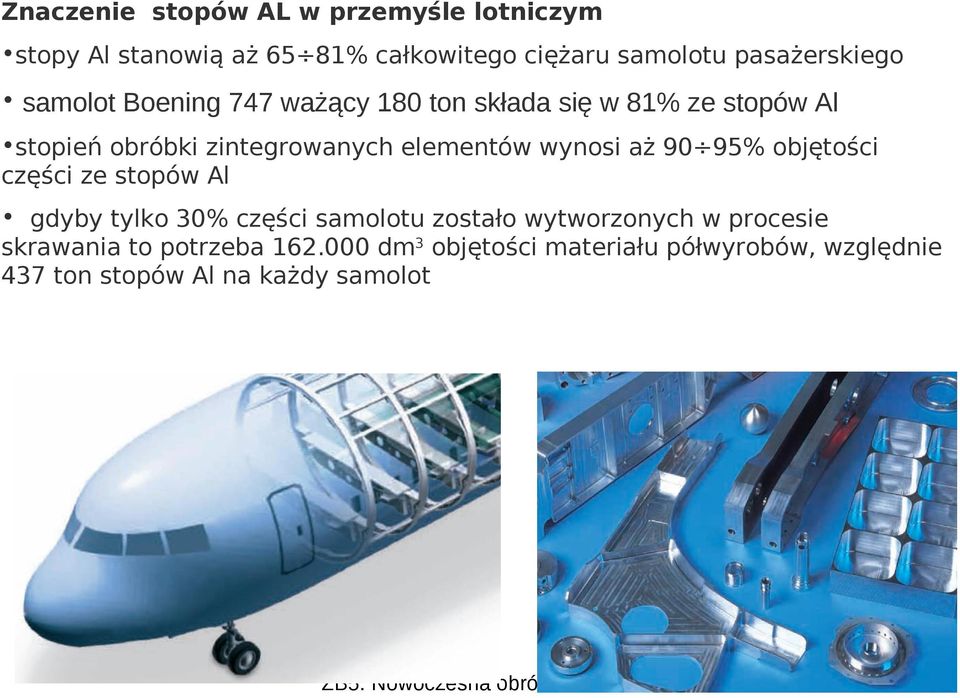 elementów wynosi aż 90 95% objętości części ze stopów Al gdyby tylko 30% części samolotu zostało wytworzonych