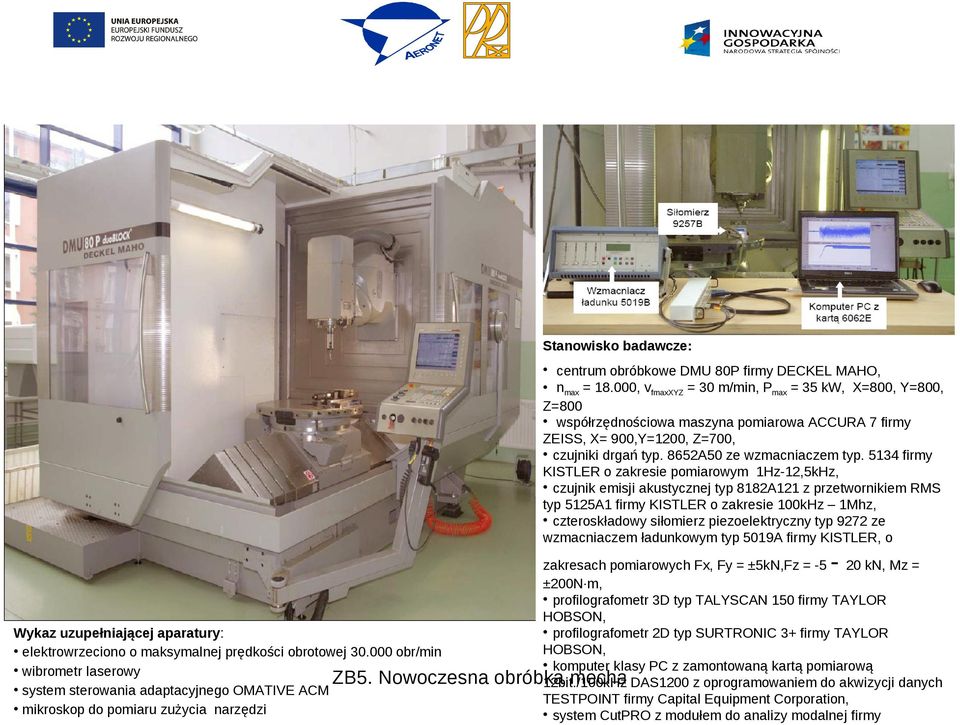 5134 firmy KISTLER o zakresie pomiarowym 1Hz-12,5kHz, czujnik emisji akustycznej typ 8182A121 z przetwornikiem RMS typ 5125A1 firmy KISTLER o zakresie 100kHz 1Mhz, czteroskładowy siłomierz