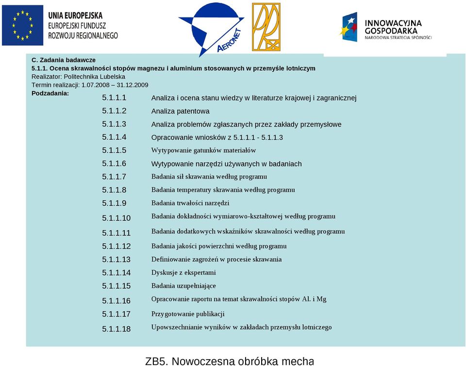 1.1.7 Badania sił skrawania według programu 5.1.1.8 Badania temperatury skrawania według programu 5.1.1.9 Badania trwałości narzędzi 5.1.1.10 Badania dokładności wymiarowo-kształtowej według programu 5.