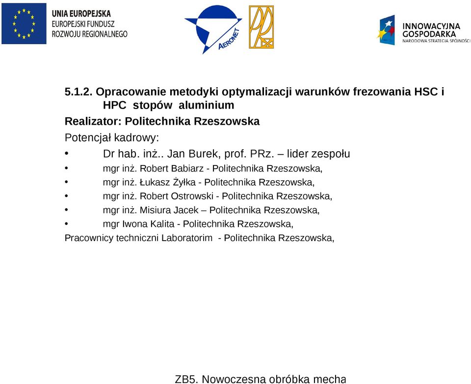 Potencjał kadrowy: Dr hab. inż.. Jan Burek, prof. PRz. lider zespołu mgr inż.