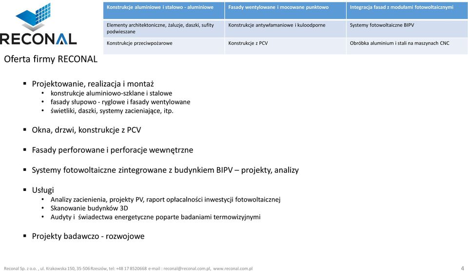 Okna, drzwi, konstrukcje z PCV Fasady perforowane i perforacje wewnętrzne Systemy fotowoltaiczne zintegrowane z budynkiem BIPV projekty, analizy Usługi Analizy