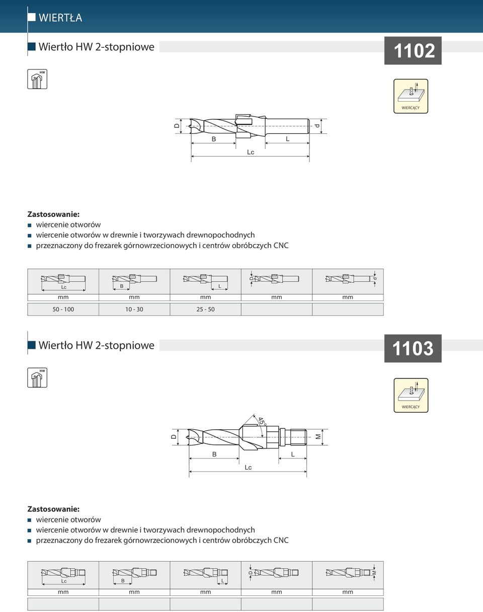 w rewnie i tworzywach rewnopochonych przeznaczony o frezarek górnowrzecionowych i centrów obróbczych CNC M 50-100 10-30 10-15 5-20 M8 - M12 Poza pozycjami