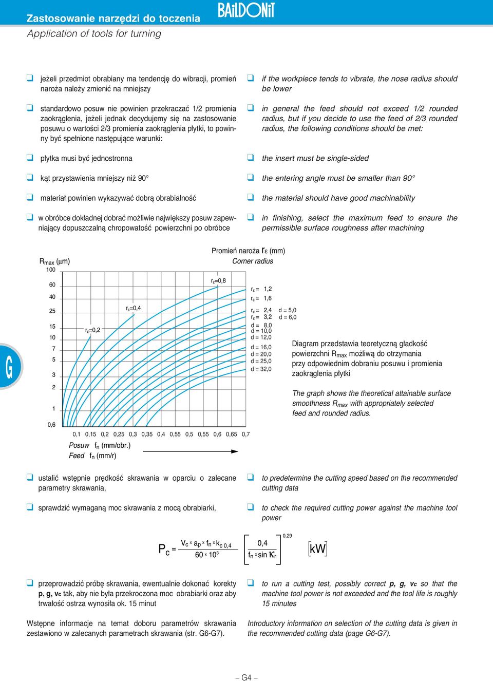 jednostronna if the workpiece tends to vibrate, the nose radius should be lower in general the feed should not exceed 1/2 rounded radius, but if you decide to use the feed of 2/3 rounded radius, the