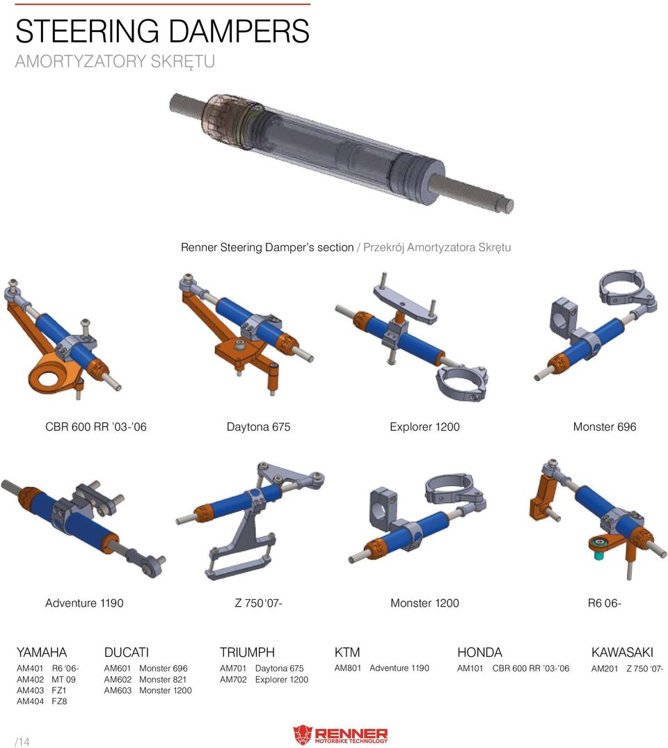AM402 MT 09 AM403 FZ1 AM404 FZ8 DUCATI AM601 Monster 696 AM602 Monster 821 AM603 Monster 1200 TRIUMPH AM701